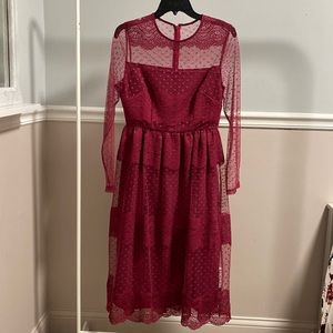 ASOS Womens Dark Pink Lace Illusion Neck Long Sleeve Back Zip Casual A Line